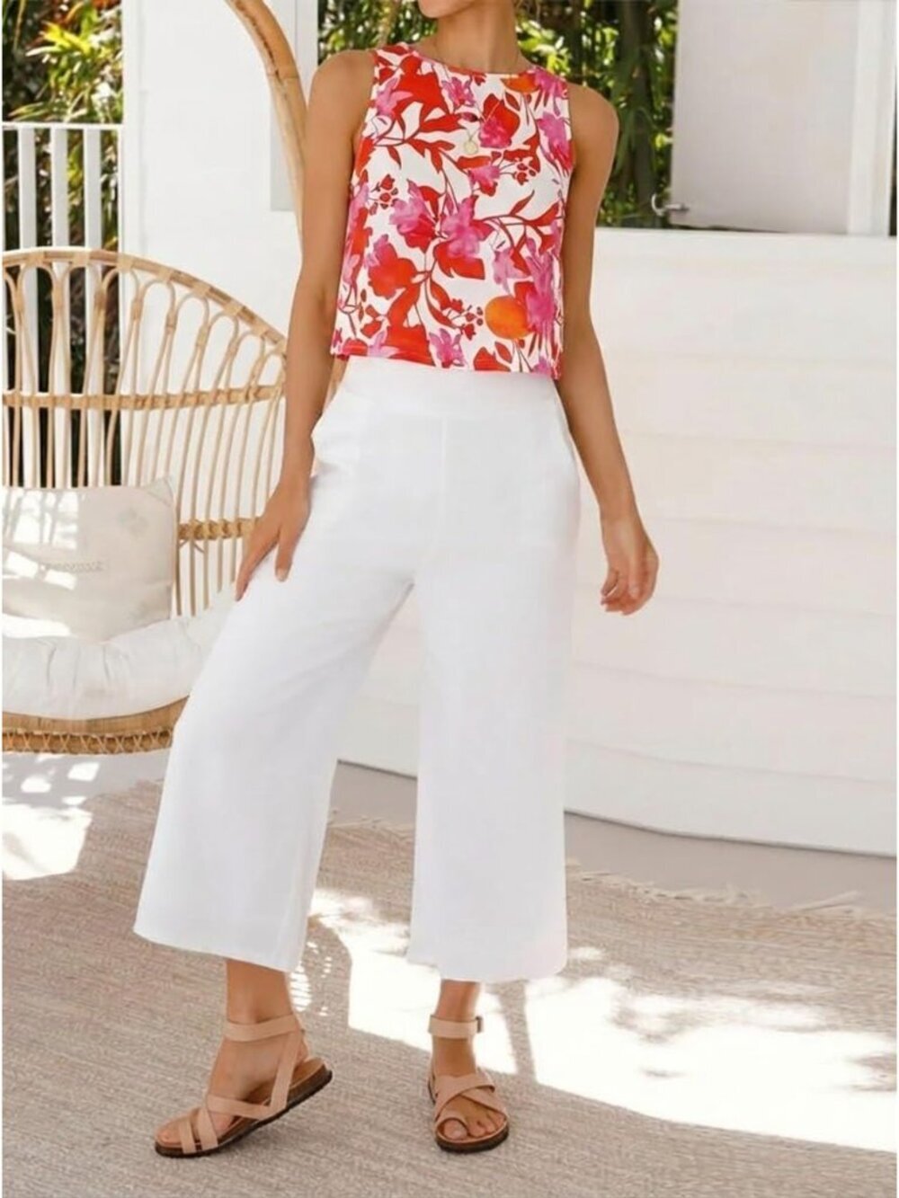 〽️Women's Floral Red Button Linen Summer Beach Sleeveless Imported Tank Top